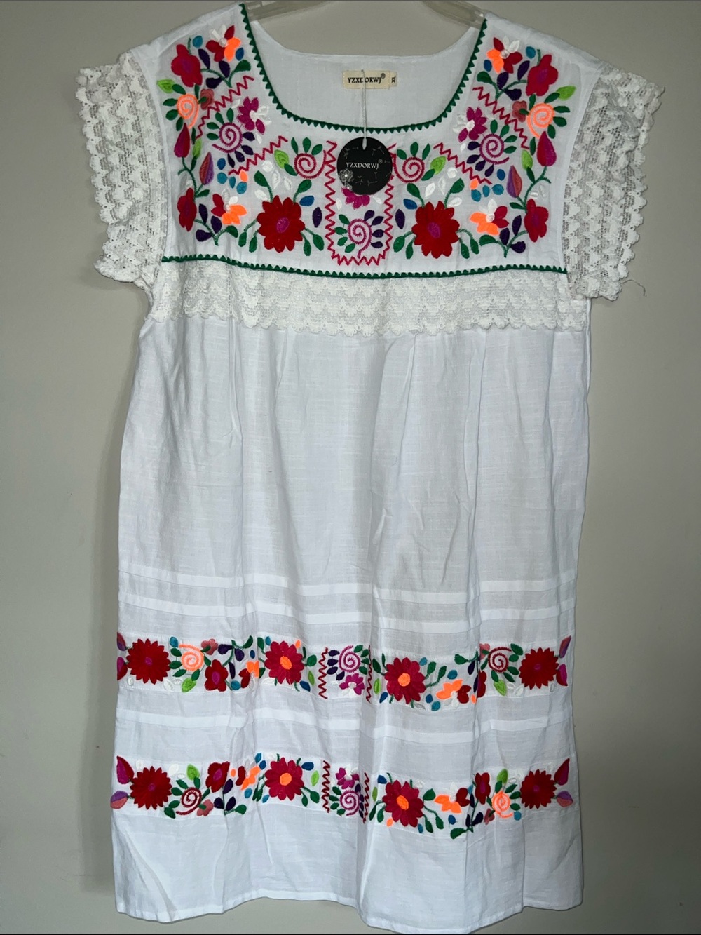 White Mexican Embroidered Floral Dress new xl